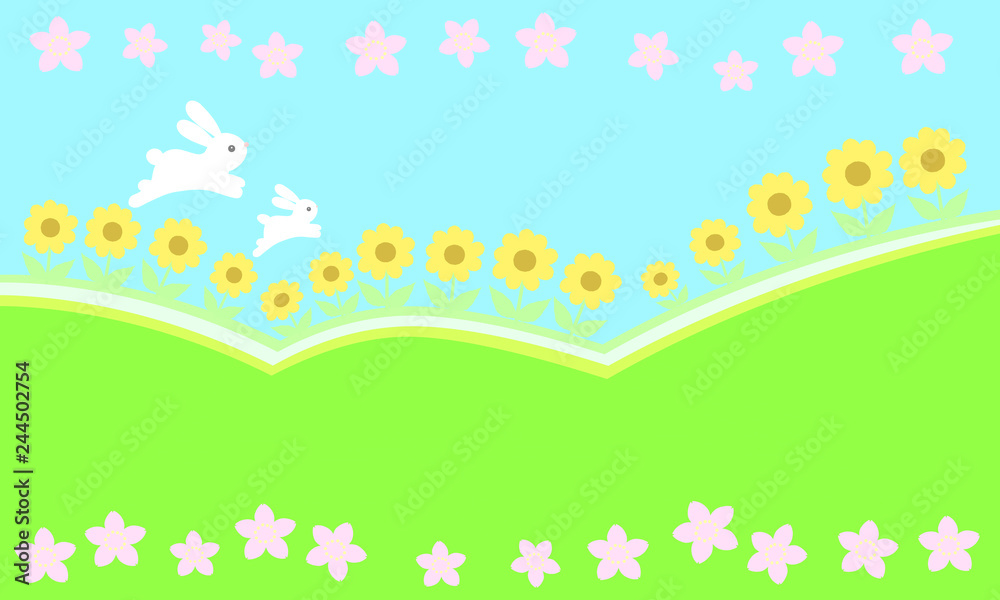 かわいいウサギが遊ぶ春の野原