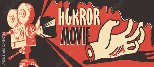Vector banner for festival horror movie. Illustration with old film projector and a severed hand in a puddle of blood. Scary cinema. Horror film night. Can be used for ad, banner, flyer, web design