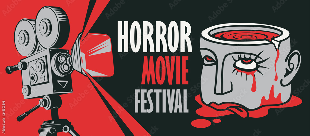 Fototapeta premium Vector banner for festival horror movie. Illustration with old film projector and a severed human head with blood tears in a puddle of blood. Scary cinema. Can be used for banner, flyer, web design
