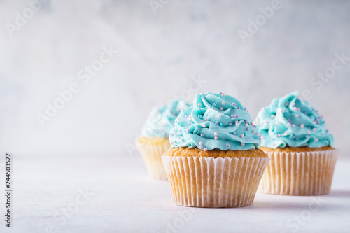 Photo Vanilla cupcakes with blue frosting decorated with sprinkles.