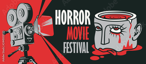Vector banner for festival horror movie. Illustration with old film projector and a severed human head with blood tears in a puddle of blood. Scary cinema. Can be used for banner, flyer, web design