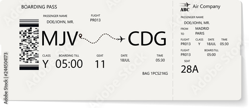 Grey vector template of boarding pass ticket. Concept of trip, journey or travel by plane.