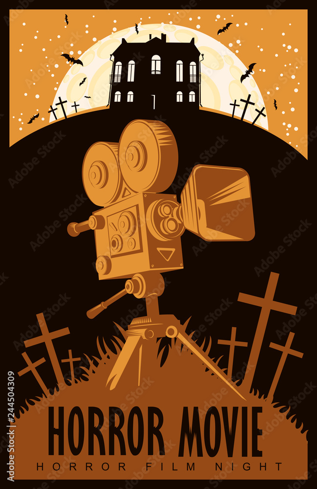 Fototapeta premium Vector poster for a festival of horror movie with an old film projector on a cemetery on a moonlit night. Scary cinema. Can be used for ad, banner, flyer, web design