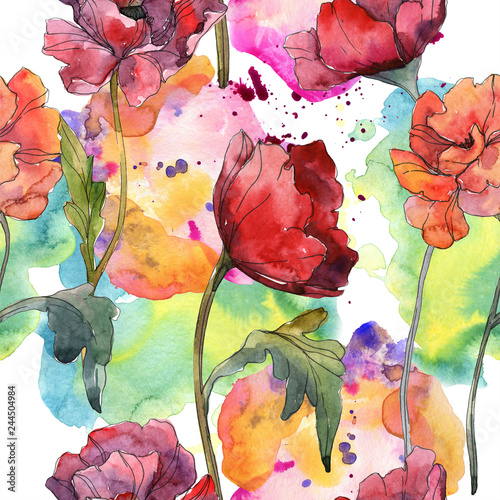 red-poppy-floral-botanical-flower-watercolor-background-illustration-set-seamless-background-pattern