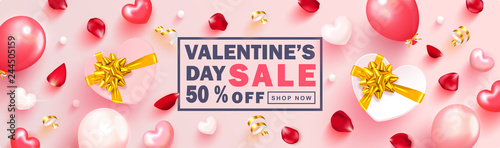 Valentine s Day sale background.Romantic composition with gift boxes,hearts, balloons,rose petals,beads and serpentine. Vector illustration for website , posters,ads, coupons, promotional material.