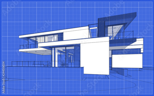 3d rendering sketch of modern cozy house with garage for sale or rent. Graphics black line sketch with white spot on blueprint background