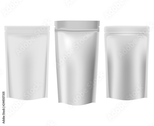 Blank vacuum stand up pouches, food storage bags - vector mock-up