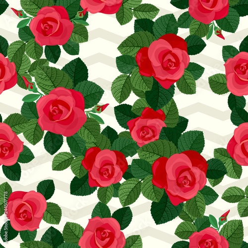 Red roses seamless pattern. Decorative arrangement for repeat background. © Ksanask