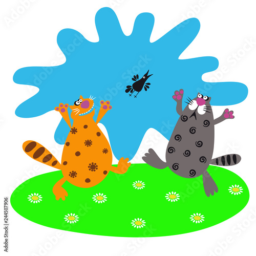 Thick funny cats with a bird