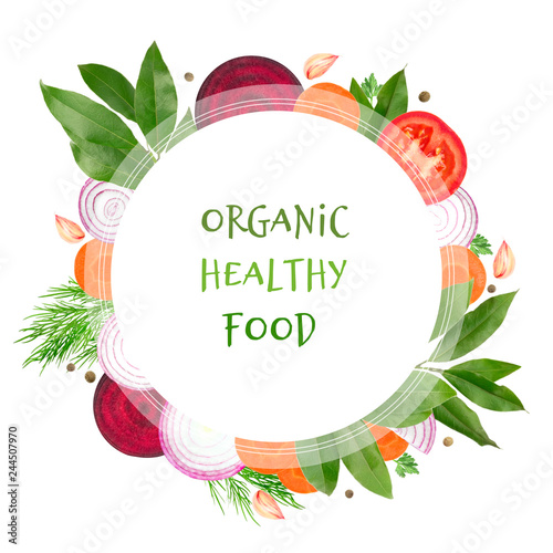 Vegetables and herbs frame template. Purple sliced onion, tomatoes, dill, beetroot and laurel leaves border isolated. Organic healthy food. An edible design for eco cookery business, place for text.