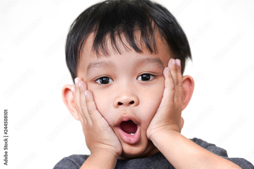 Shocked and surprised Asian boy with copy space isolated on white background Shocked and surprised Asian boy with copy space isolated on white background