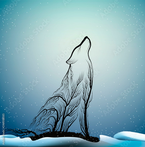 wolves extinction concept, spirit of dying wolf due the forest extinction, wolf look like tree branches in the winter forest, protect the animal and forest,