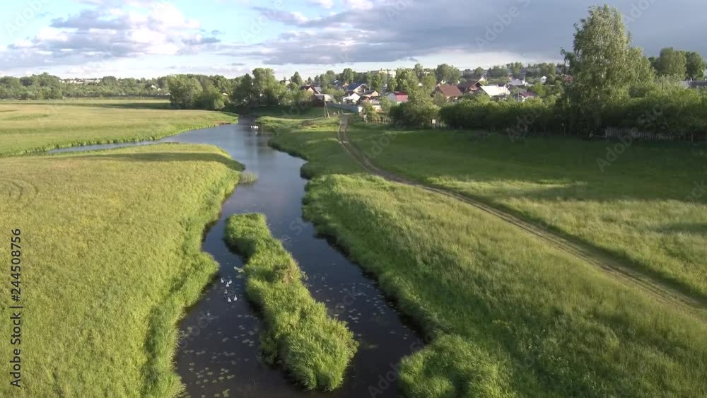 small flat river with green banks and geese float on the water, view from above small flat river with green banks and geese float on the water, view from above