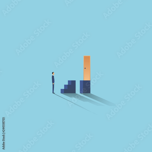 Business challenge vector concept with businessman standing in front of steps. Symbol of overcoming problems, obstacles, issues, solving complex situations.