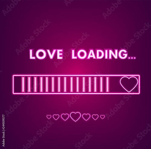 Neon Valentine day symbol card Vector. Red romantic loadin symbol in neon lig...
