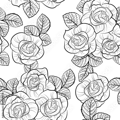 Line art roses seamless pattern. Repeat background for coloring page.