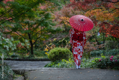 Geisha walking in the park in Autumn