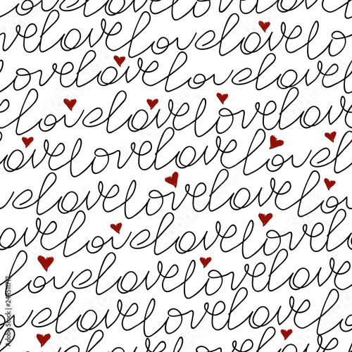 Valentines pattern with handwritten text. Handwritten hand drawn text love. Seamless background with doodle text love. Valentines Day. Wedding Ornament. Vector illustration