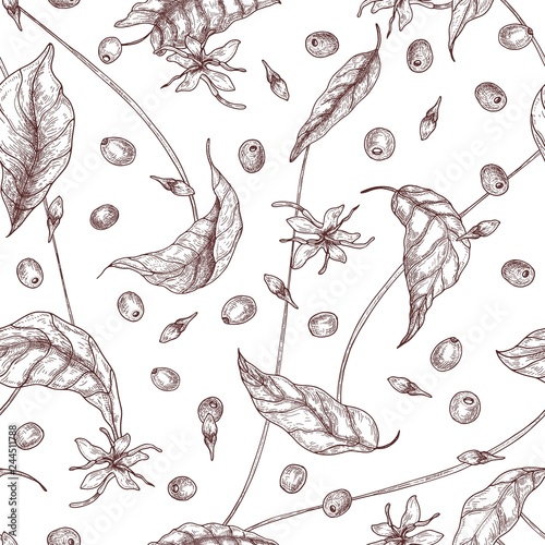 Elegant seamless pattern with coffea or coffee tree flowers, leaves and ripe ...