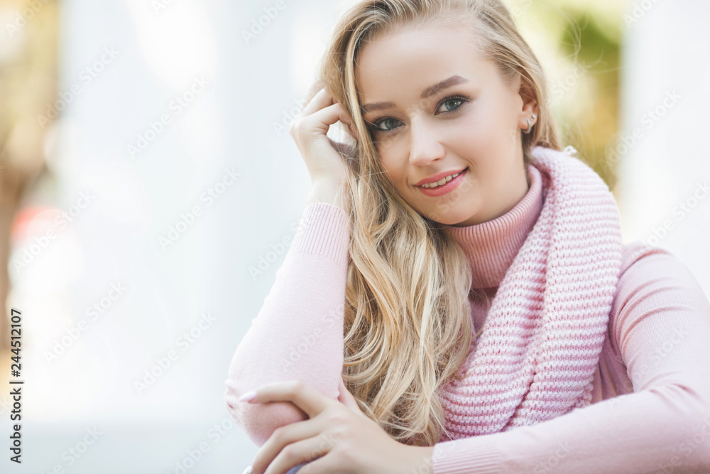 Stylish urban woman. Lady`s portrait outdoors. Spring, autumn, fall background. Beautiful female outdoor.