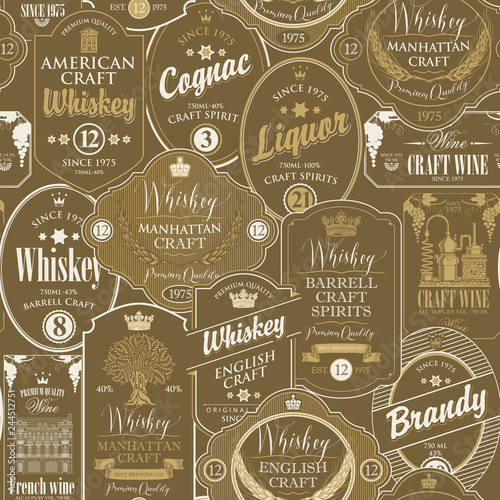 Vector seamless pattern with collage of labels for various alcoholic beverages in retro style with inscriptions of whiskey, liquor, cognac, wine, brandy.