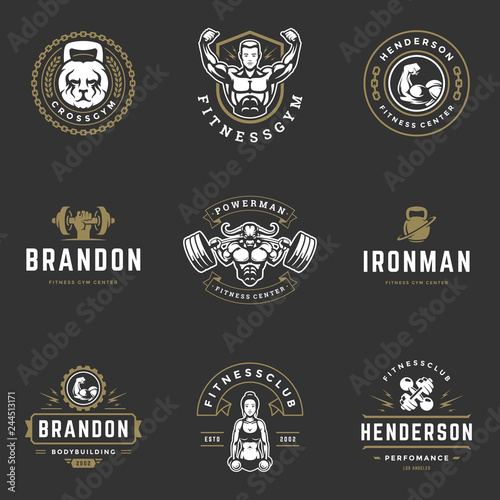 Set fitness center and sport gym logos and badges design