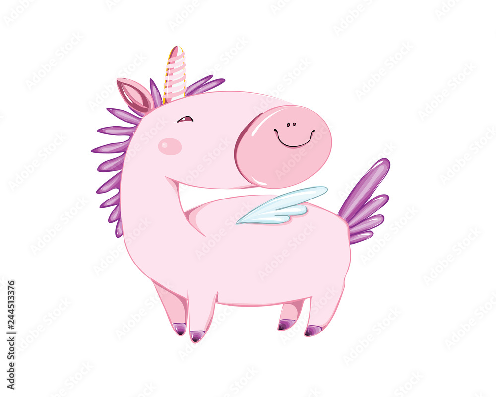 Cute little pink magical unicorn. Vector design on white background. Print for t-shirt. Romantic hand drawing illustration for children.