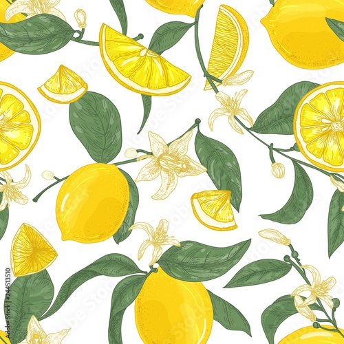 Seamless pattern with lemons, whole and cut into pieces, flowers and leaves o...