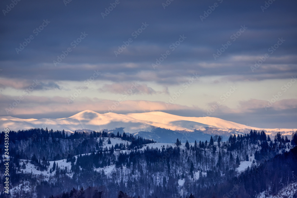 Beautiful mountain landscape. Frosty winter morning in the Carpathian
