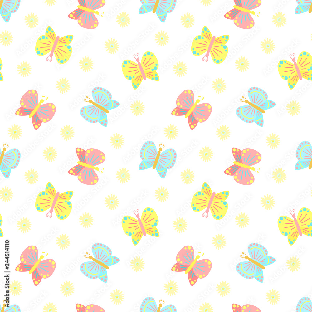 Obraz premium Easter seamless pattern of butterflies and flowers on a transparent background. Vector illustration for spring holiday print, wrapping paper, textile, scrapbook, clothing, children, card, baby, summer
