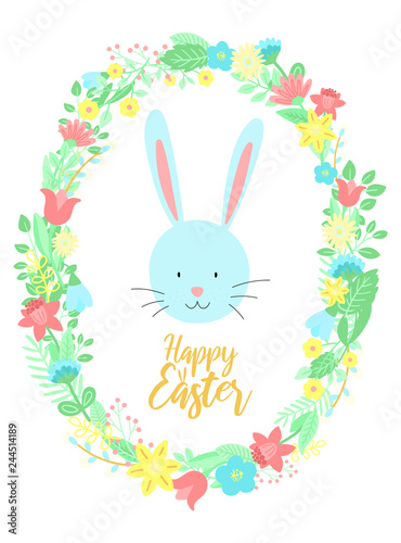 Vector image of a funny blue rabbit in the flowers wreath with an inscription. Hand-drawn Easter illustration of a bunny for spring happy holidays, summer, greeting card, poster, banner, child, baby