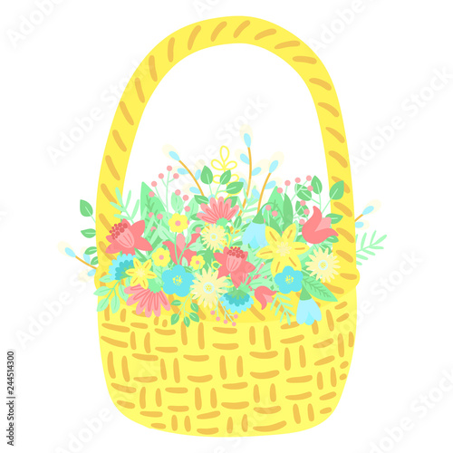 Vector image of a isolated basket of flowers and leaves the white background. Hand-drawn Easter illustration for spring happy holidays  summer  greeting card  poster  banner  children