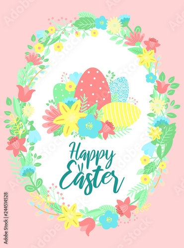 Vector image of eggs and flowers in a frame with an inscription on a yellow background. Hand-drawn Easter illustration for spring happy holidays  summer  greeting card  poster  banner  children