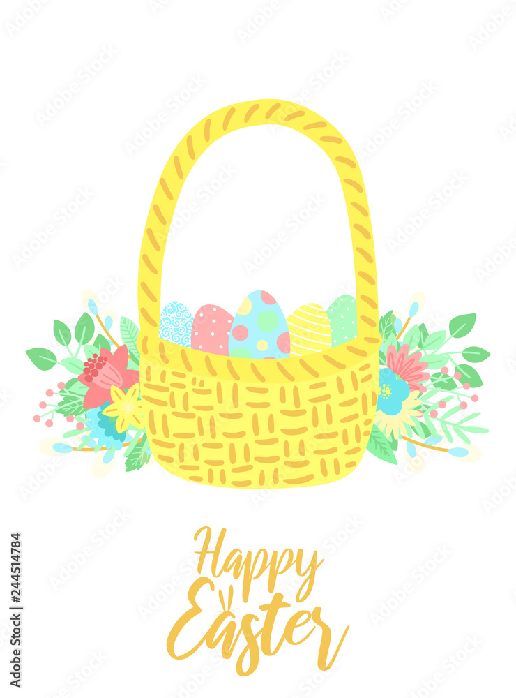 Vector image of a basket of eggs with flowers and inscription on the white background. Hand-drawn Easter illustration for spring happy holidays, summer, greeting card, poster, banner, children Vector image of a basket of eggs with flowers and inscription on the white background. Hand-drawn Easter illustration for spring happy holidays, summer, greeting card, poster, banner, children