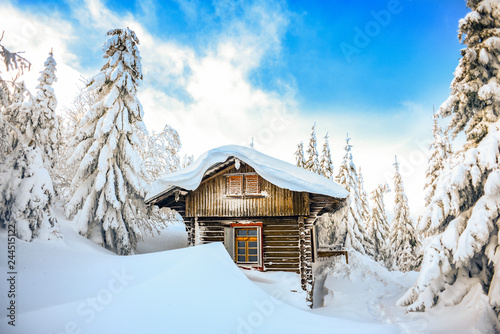 Chateau in the winter mountains, a hut in the snow. Winter mountain landscape. Karkonosze, Poland. © Kozioł Kamila