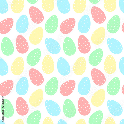Easter seamless pattern of colorful eggs in polka-dot on a transparent background. Vector hand-drawn illustration for spring holiday, print, wrapping paper, textile, child, scrapbook, clothing