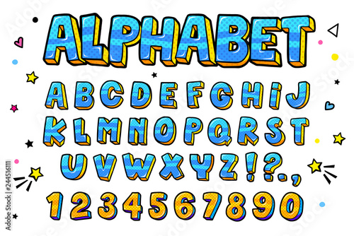 Comic retro letters set. Alphabet letters and numbers in style of comics, pop art