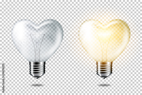 Transparent realistic light bulb heart shape set, isolated. 