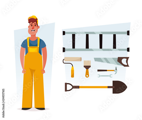 Funny Cartoon Character. Builder and His Equipment. Vector Illustration