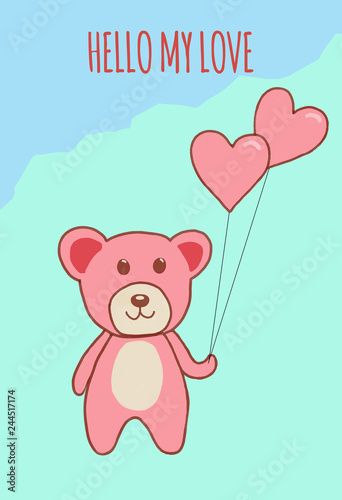 Postcard or template for Valentine's Day, cute illustration with teddy bear and valentines .Vector graphics