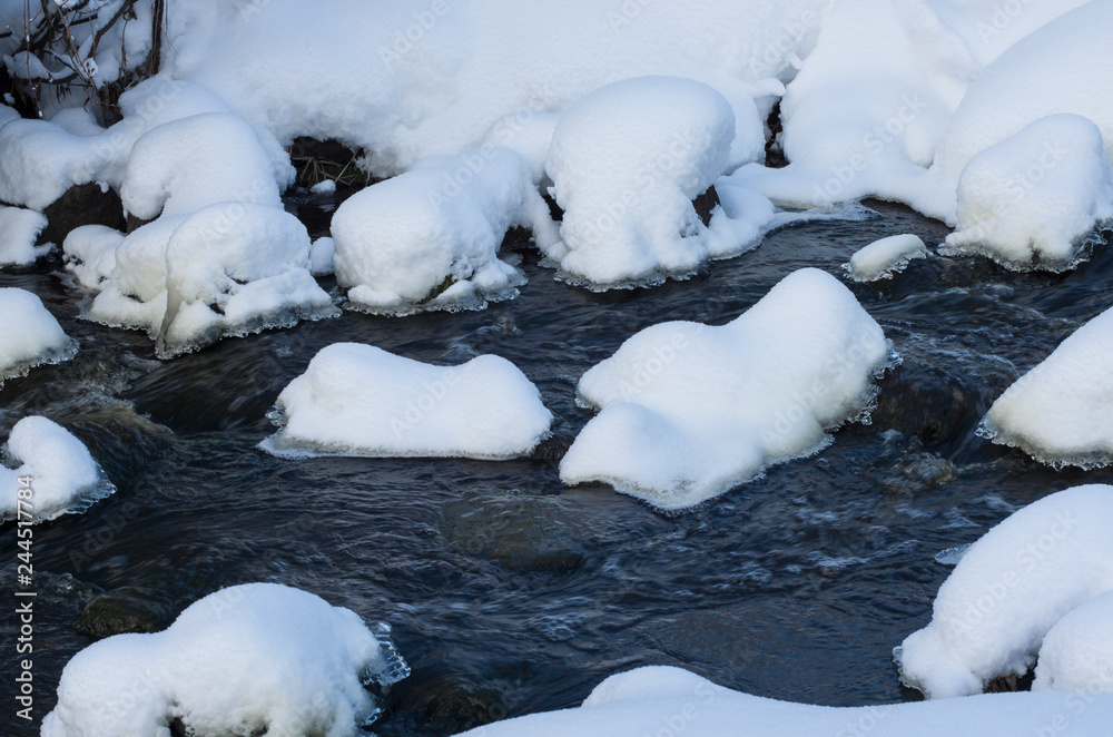 Snow-covered stones and banks with ice edge in the turbulent flow of the winter river on a cloudy day Snow-covered stones and banks with ice edge in the turbulent flow of the winter river on a cloudy day