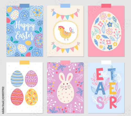 Easter greeting cards with flower, hen, egg, flowers, bunny, berry