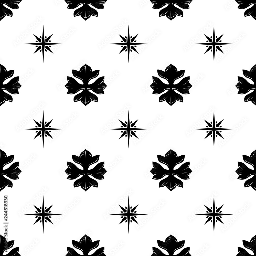 Gothic floral crosses and stars. Seamless pattern. Popular decorative motiff in Medieval european art. Element for designing medieval style illustrations. Black and white. EPS 10 vector illustration