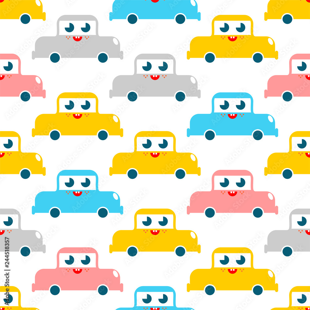 Cute car pattern. funny auto cartoon style background. Baby cloth texture. kids character. Childrens style.