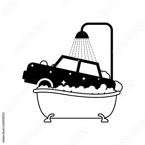 Carwash car in bath. Auto wash in bathtub