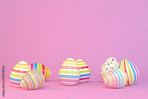 Frohe Ostern - 8 farbenfrohe, bemalte Ostereier auf pinken Hintergrund - Textfreiraum - Oster