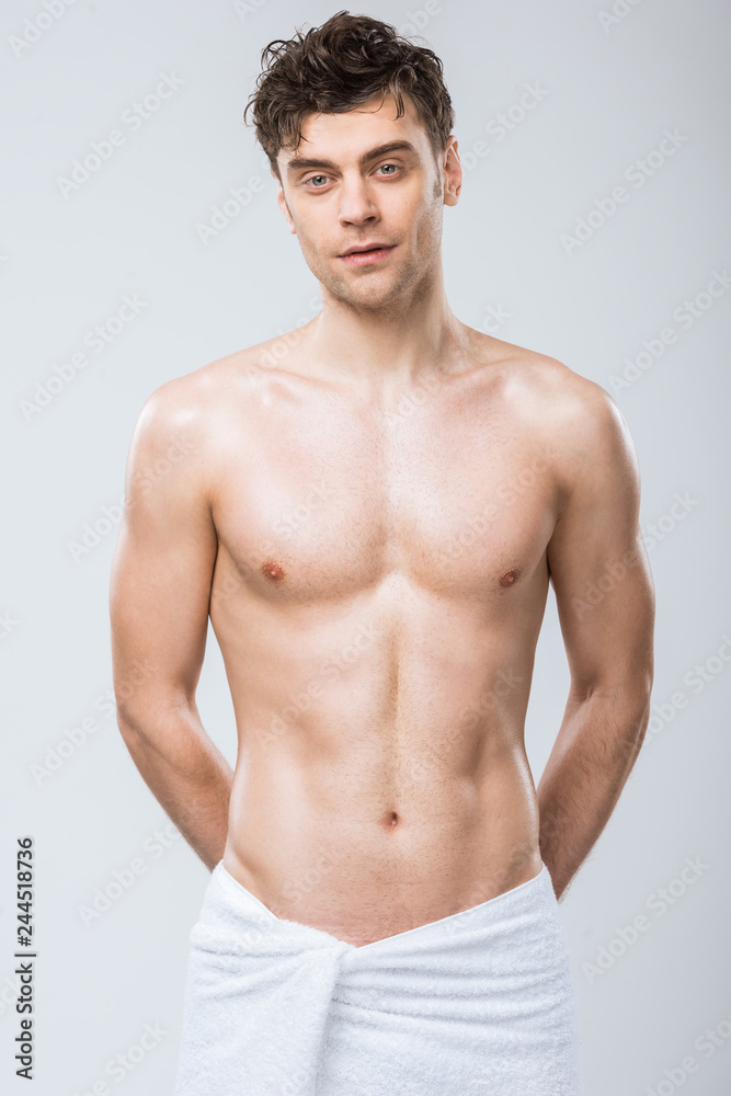 handsome shirtless man man with muscular torso isolated on grey