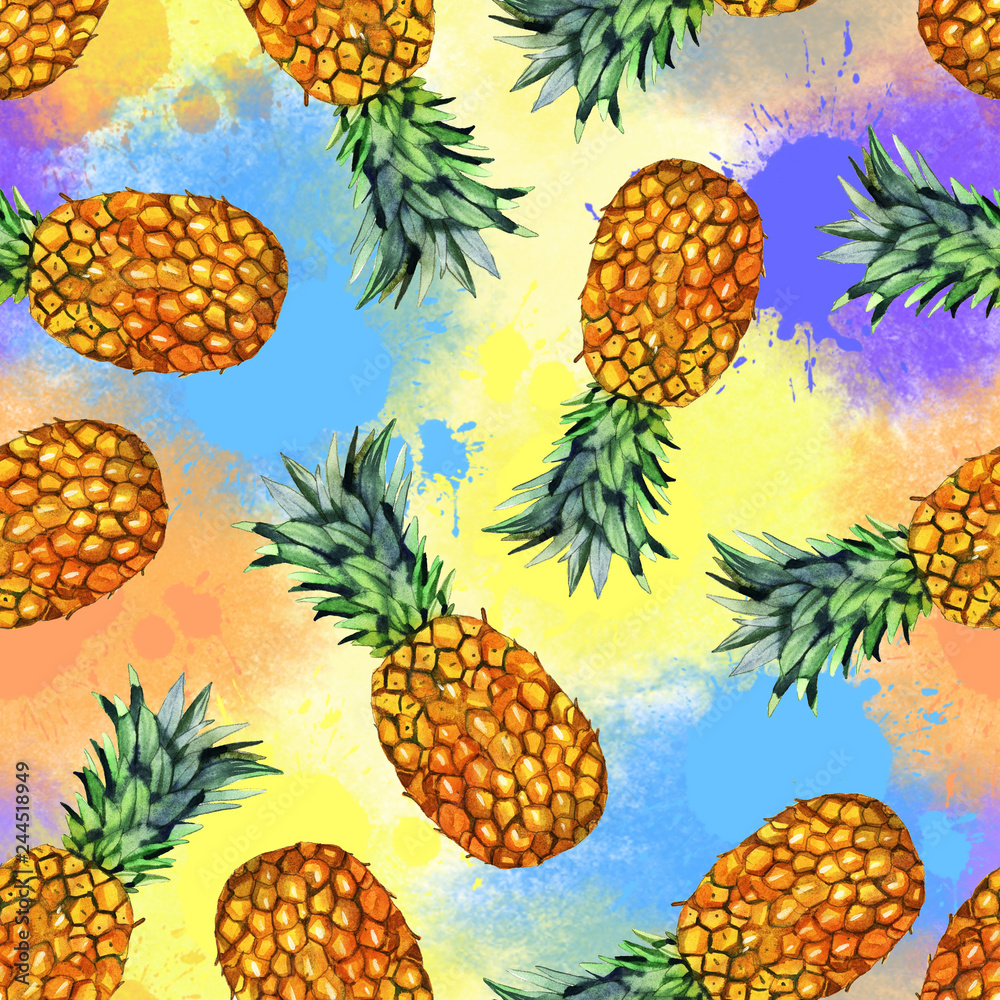 watercolor fruit, hand painted pineapple illustration seamless pattern on color background watercolor fruit, hand painted pineapple illustration seamless pattern on color background