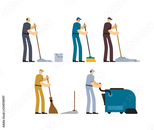 Janitor and Cleaner set. broom and Industrial Vacuum Cleaner. sweeping brush and Bucket. Service worker people. swabber