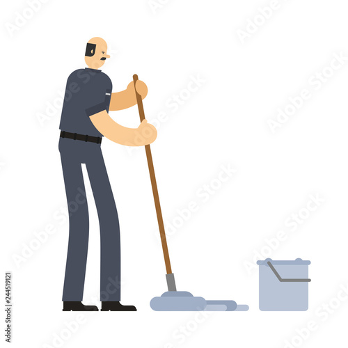 Janitor with mop and bucket. service worker man. Cleaner man. swabber